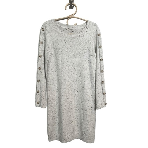 LOFT Button Sleeve Sweater Crew Neck Dress in Speckled Oatmeal Cream Size S - Picture 1 of 15